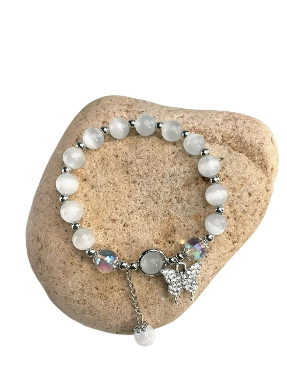 Womens Silver Rhinestone Butterfly Charm Glass Moonstone Beaded Elastic Bracelet